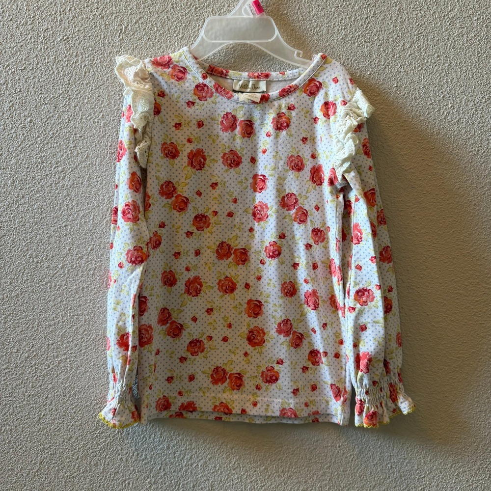 Matilda Jane Girls Size 4 Floral Polka Dot Tiered Ruffle Dress Red Blue Rose